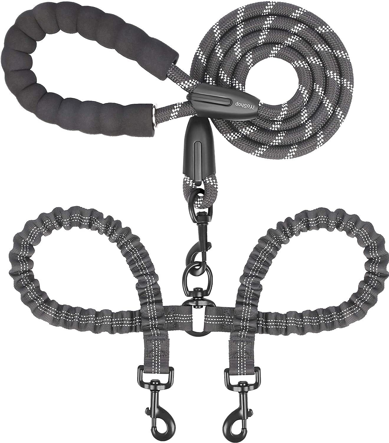 Dual Dog Leash for Large Dogs – No Tangle 360° Swivel Double Leash with Shock Absorbing Bungee, Adjustable Split Lead for Two Dogs (Black, 25–150 lbs)