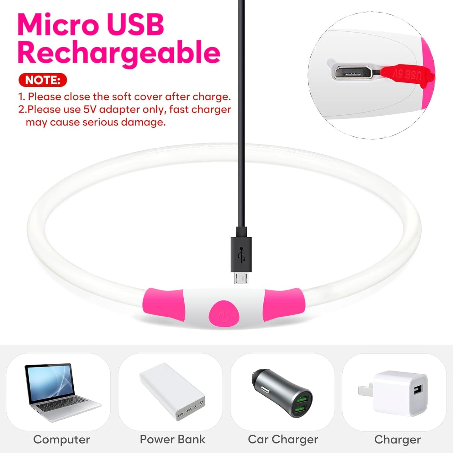 GlowPaw™ LED Dog Collar – USB-Rechargeable, Waterproof, Glow-in-the-Dark Safety Necklace (Pink)