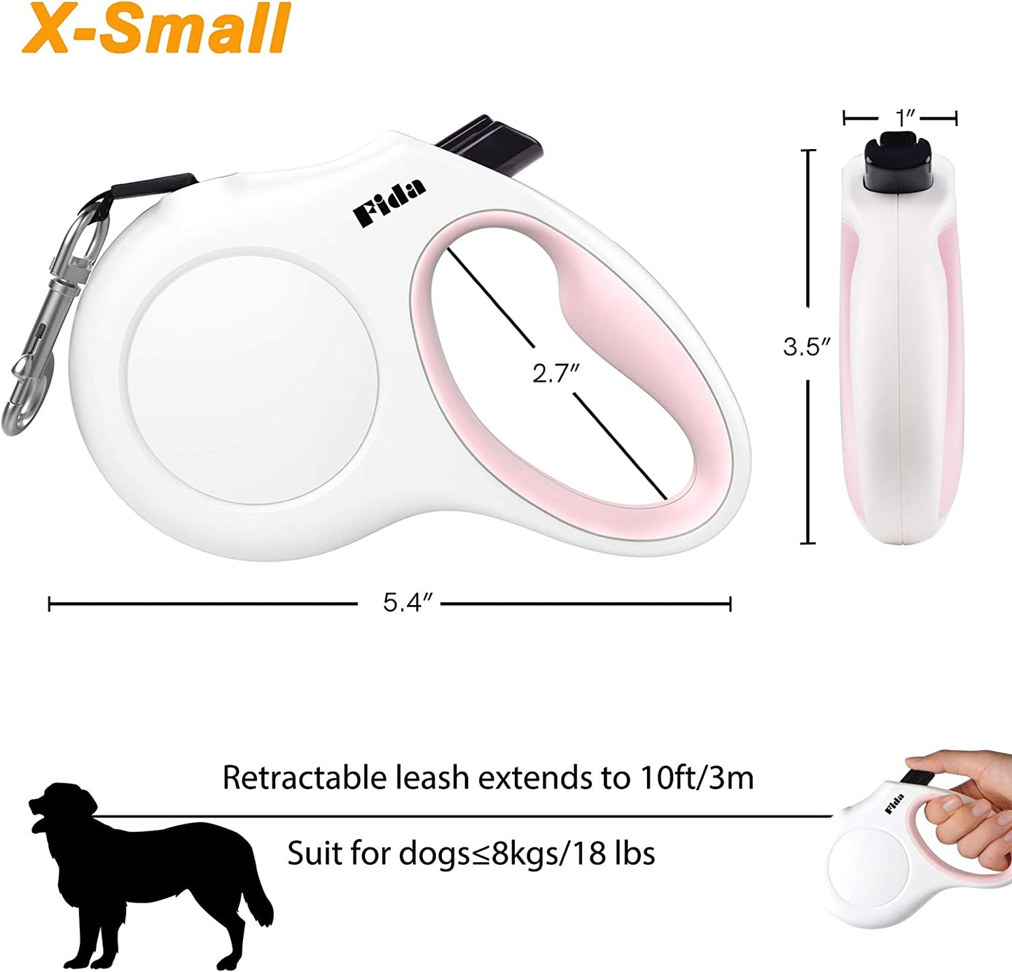 RetractoLeash™ – 10 ft Retractable Dog Leash with Dispenser & Poop Bags Fit for X-Small Dog or Cat  all the way to 18 Lbs, Anti-Slip Handle, Unscented Nylon,Tangle Free Leashes, Reflective Nylon Tape (XS, White)