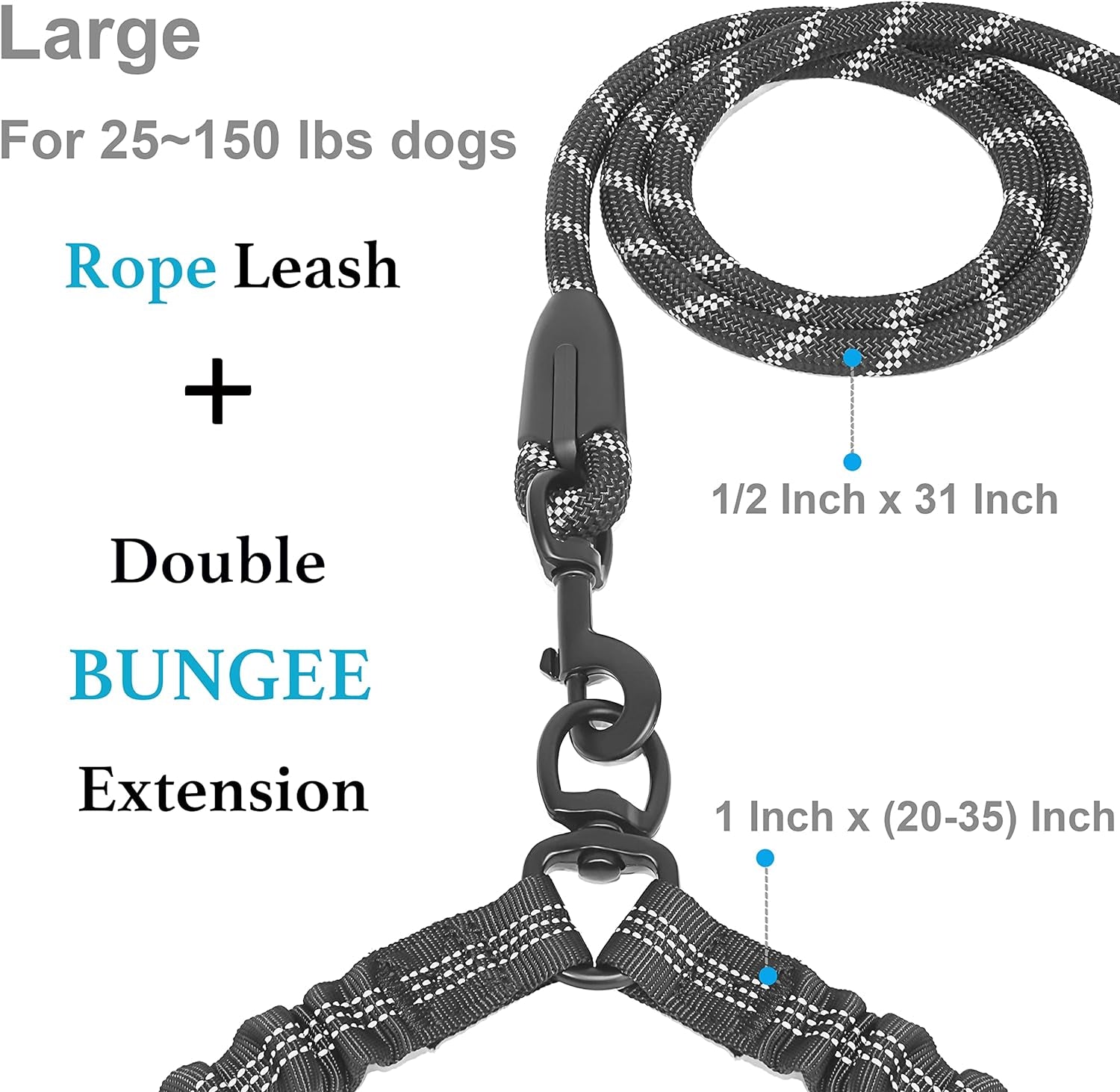 Dual Dog Leash for Large Dogs – No Tangle 360° Swivel Double Leash with Shock Absorbing Bungee, Adjustable Split Lead for Two Dogs (Black, 25–150 lbs)