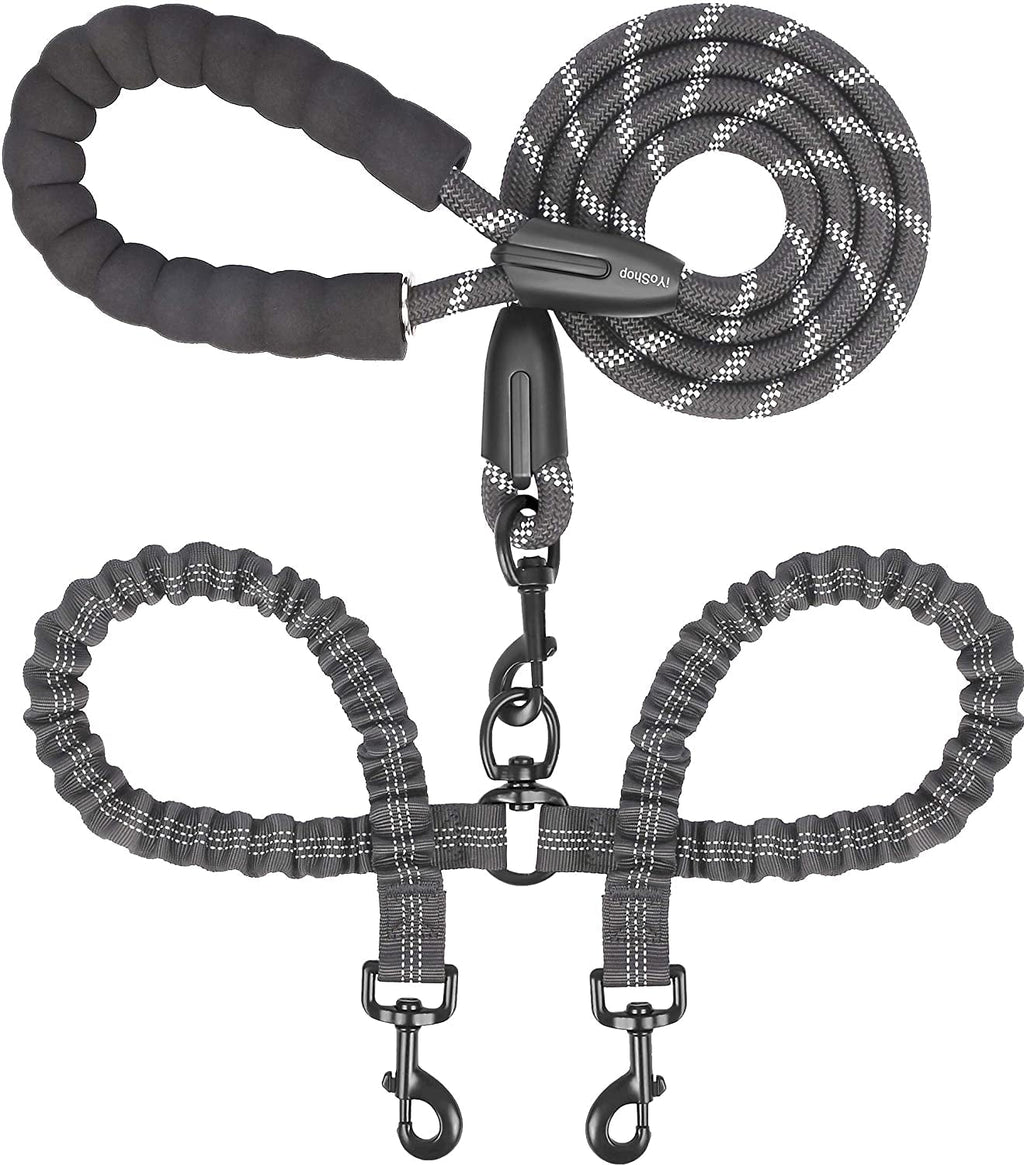 Dual Dog Leash for Large Dogs – No Tangle 360° Swivel Double Leash with Shock Absorbing Bungee, Adjustable Split Lead for Two Dogs (Black, 25–150 lbs)