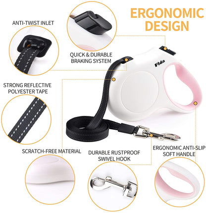 RetractoLeash™ – 10 ft Retractable Dog Leash with Dispenser & Poop Bags Fit for X-Small Dog or Cat  all the way to 18 Lbs, Anti-Slip Handle, Unscented Nylon,Tangle Free Leashes, Reflective Nylon Tape (XS, White)